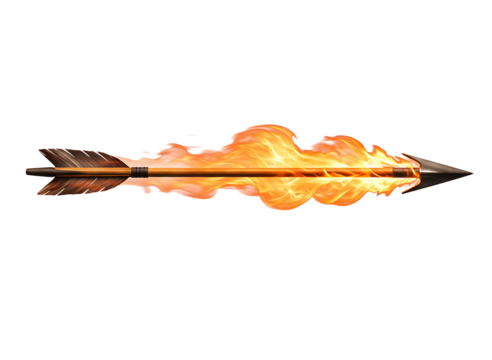 Fiery arrow in motion with smoke and reflection isolated on transparent background