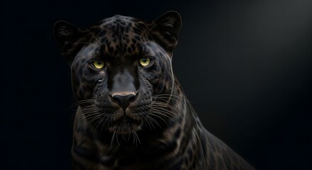 A majestic black panther with piercing yellow eyes emerges from the shadows, its intense and powerful gaze fixed forward