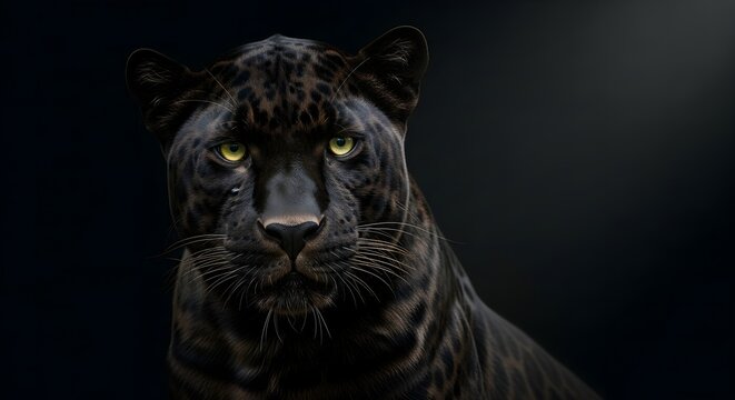 A majestic black panther with piercing yellow eyes emerges from the shadows, its intense and powerful gaze fixed forward - Powered by Adobe