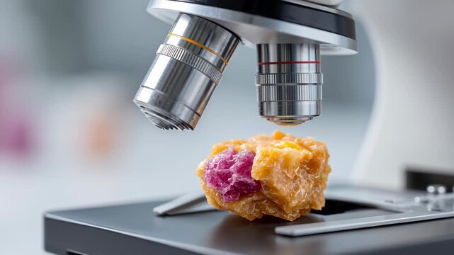 Clinical laboratory analysis of gallstone specimen under microscope for medical disease research, focusing on pathology and diagnosis to understand cause of cholelithiasis