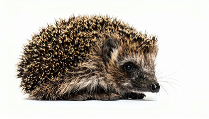 Fototapeta premium A small hedgehog sits against a stark white background, its quills prominent, tiny face visible.