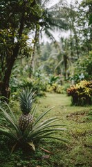 Fototapeta premium Lush tropical garden path showcasing a pineapple plant in a verdant setting.