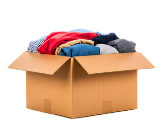 Cardboard box filled with folded clothes isolated on transparent background