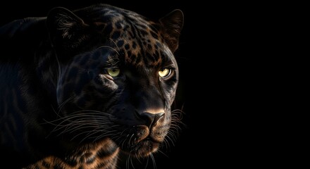 Obraz premium Dramatic portrait of a majestic black panther with a powerful gaze emerging from the deep shadows on a black background