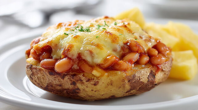 Delicious jacket potato topped with melted cheese and baked beans, styled on a clean white plate, high-quality food photography