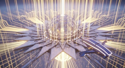 Futuristic Aerial Platform: Glowing Orb and Drone in a Celestial Setting