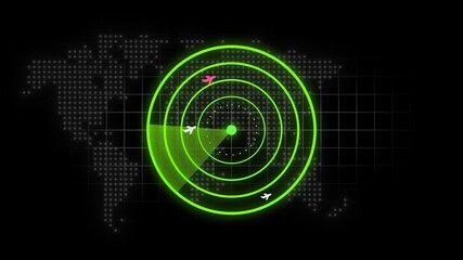 green Sonar radar animation with map on Transparent Alpha Background. Aircraft navigation with rotating scan lines representing surveillance, Hitch tech HUD radar video for security visuals and target - Powered by Adobe