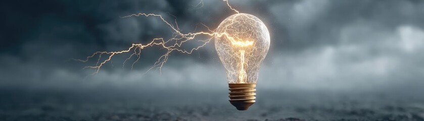 Impactful lightbulb eureka moment concept. A glowing light bulb radiating energy amidst dark stormy skies.