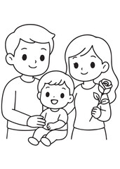 coloring book parents holding baby with rose in Valentine moment