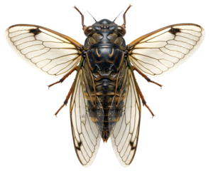 Detailed close-up of a cicada showcasing its intricate wings and body structure against a plain background
