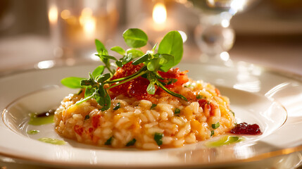 Elegant gourmet risotto, creamy and vibrant, garnished with fresh herbs, styled on a refined table setting, soft natural lighting, high-end fine dining presentation