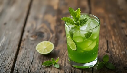 Refreshing Green Cocktail on Rustic Wooden Table