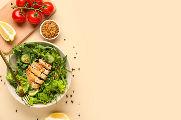Bowl with tasty arugula salad and ingredients on beige background, closeup