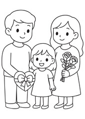 Obraz premium coloring book family giving heart gift to daughter on Valentine’s day
