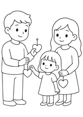 coloring book parents and daughter holding Valentine lollipop together