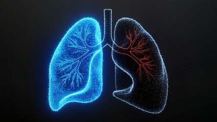 Abstract human lungs with glowing particles on black background,right lung is damage,medical illustration of health and disease,healthy and unhealthy lungs,concept respiratory issues and lungs cancer.