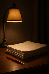 A quiet study or office desk at night with a classic lamp illuminating a stack of papers and a pen