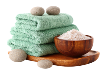 Stacked teal towels, wooden bowl of salt, and stones
