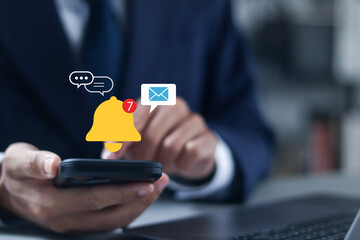 Alert notification concept. Push Notifications, Web Reminders, Time Table and Announcements. Businessman with virtual notification icon.