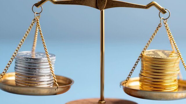 Gold and silver coin on balance scale symbolizing economic choice between traditional finance and investment value of digital currency in an emerging CBDC system