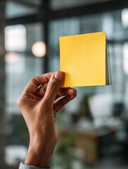 Person sticks yellow note on a dark wall. Close-up of hand and sticky note. Concept: reminder, idea, task. Useful for marketing, web, design.