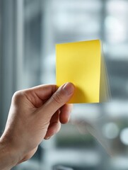 Person sticks yellow note on a dark wall. Close-up of hand and sticky note. Concept: reminder, idea, task. Useful for marketing, web, design.