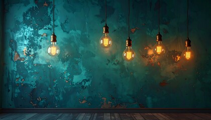 Six hanging lights on a textured teal wall, wood floor