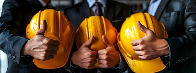 business people team wearing suits and holding construction helmets with thumbs up