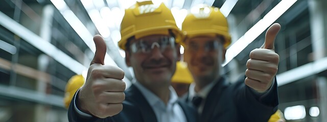 business people team wearing suits and holding construction helmets with thumbs up