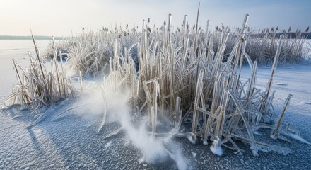 Frozen Reeds: A Serene Winter Landscape in Icy Hues