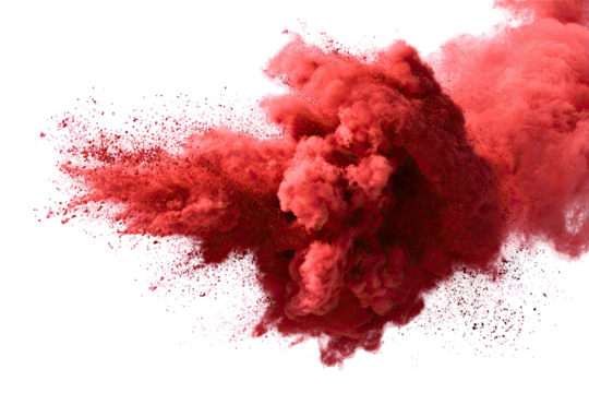 A vibrant, crimson cloud of smoke or dye, exploding outward against a black background.  Dense, textured smoke forms a swirling, dynamic shape.  A fine mist of the same color surrounds the main mass