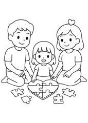 coloring book family playing puzzle in heart shape on Valentine