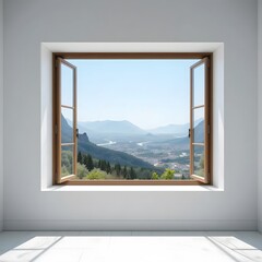 Fototapeta premium Panoramic Scenic View from Open Window on White Background
