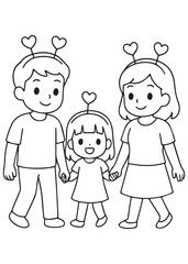 coloring book family walking together with hearts on Valentine celebration