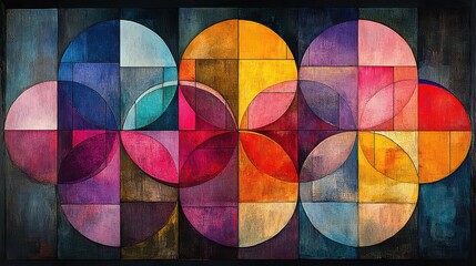 Fototapeta premium Abstract colorful geometric painting with overlapping circles and squares.