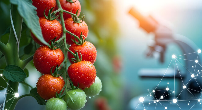 Ripe Tomatoes on Vine with Water Droplets, Microscope and Network Overlay fruit food - Powered by Adobe