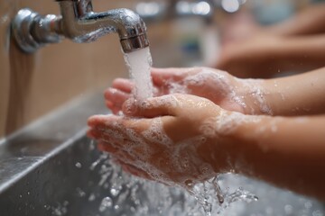 Fototapeta premium A children rub their hands together with hand soap. Water comes out of the faucet , Generative AI