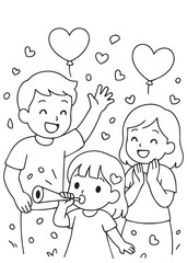 Coloring book happy family with balloons valentine day