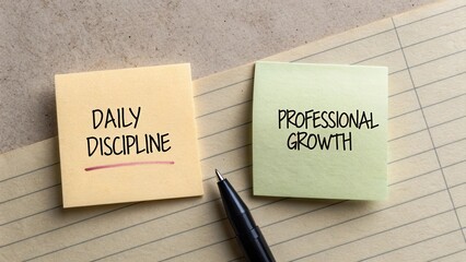 Sticky Notes on Desk Representing Daily Discipline and Professional Growth in Workplace