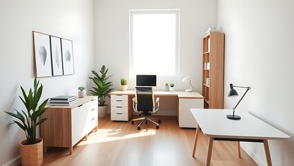 Minimalist wooden and white office corner, natural window light creating a clean modern workspace.