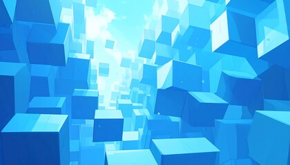 Abstract blue cubes float upwards, diminishing into light. Depth and perspective