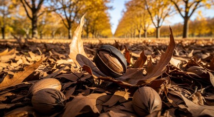 Autumn Pecan Harvest: Sunlit Orchard and Fallen Leaves
