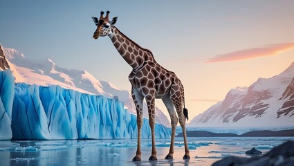 Obraz premium A majestic giraffe stands gracefully against a backdrop of glacial mountains and ice
