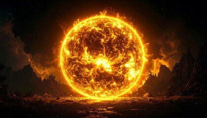 Blazing celestial sphere emitting bright light above a dark, desolate landscape