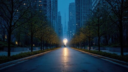 Impactful lightbulb eureka moment concept. A quiet urban street illuminated by soft lights at twilight.