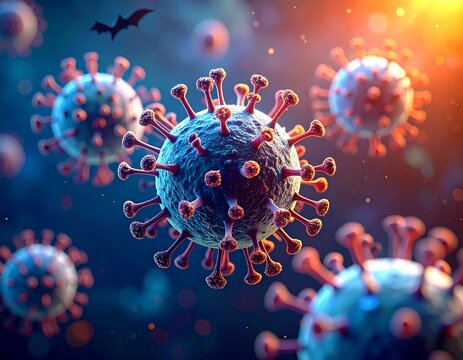 Nipah virus virions near airway cells &mdash; zoonotic encephalitis and respiratory disease concept.