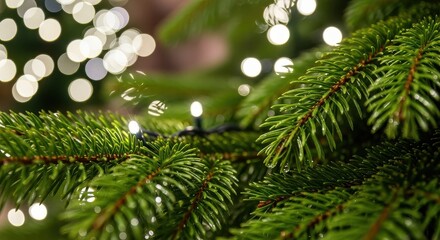 Close up of illuminated Christmas tree branches with soft bokeh lights in the background