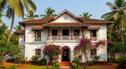 Colonial-Style White House, Lush Tropical Garden, Serene South Asian Charm