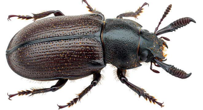 Close-up view of a shiny black beetle showcasing intricate textures and patterns, set against a plain background