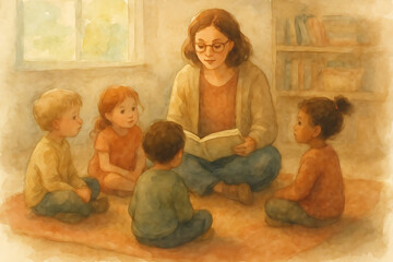 Watercolor illustration shows a caring teacher reading a storybook to diverse young children, promoting early education, literacy, and group learning during a joyful storytime